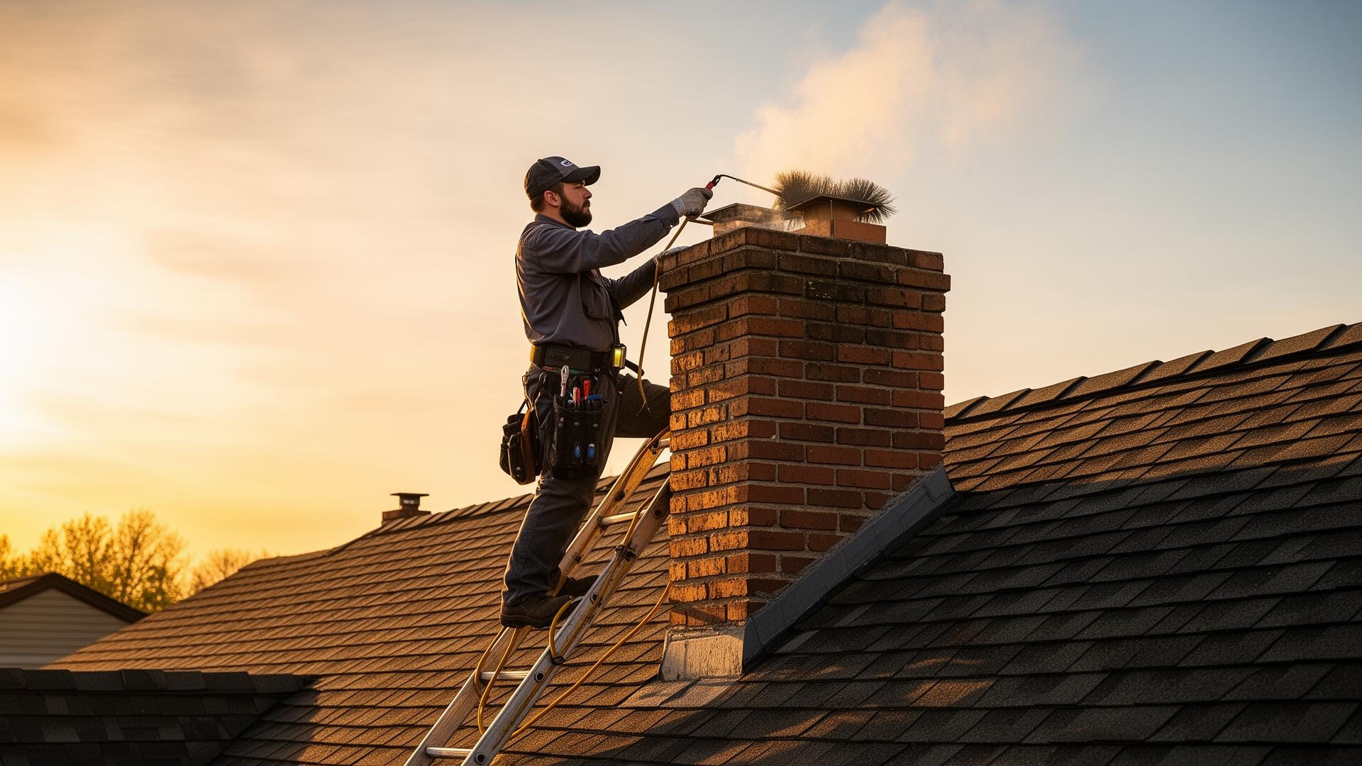 Chimney technician working on a brick chimney at golden hour