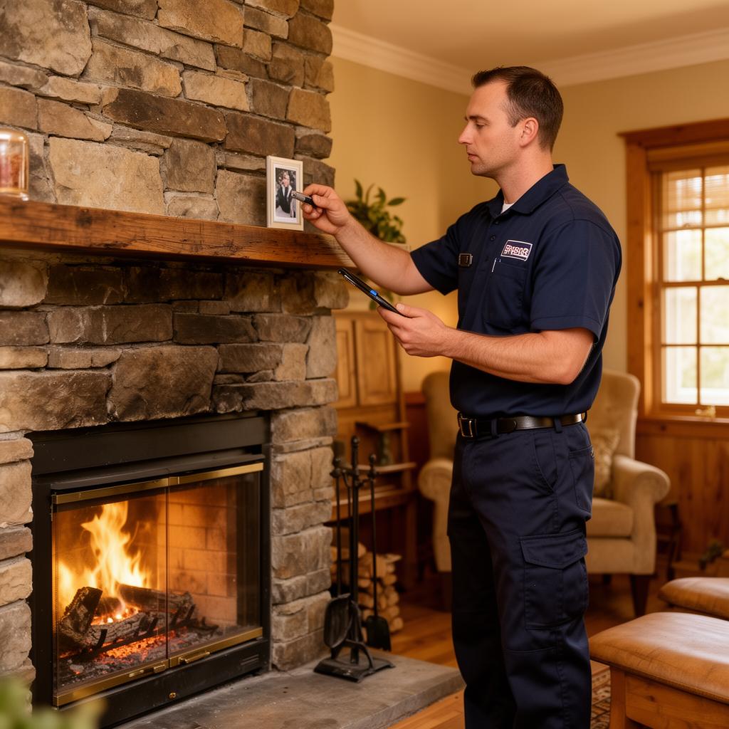 Horizon Chimney technician inspecting a stone fireplace